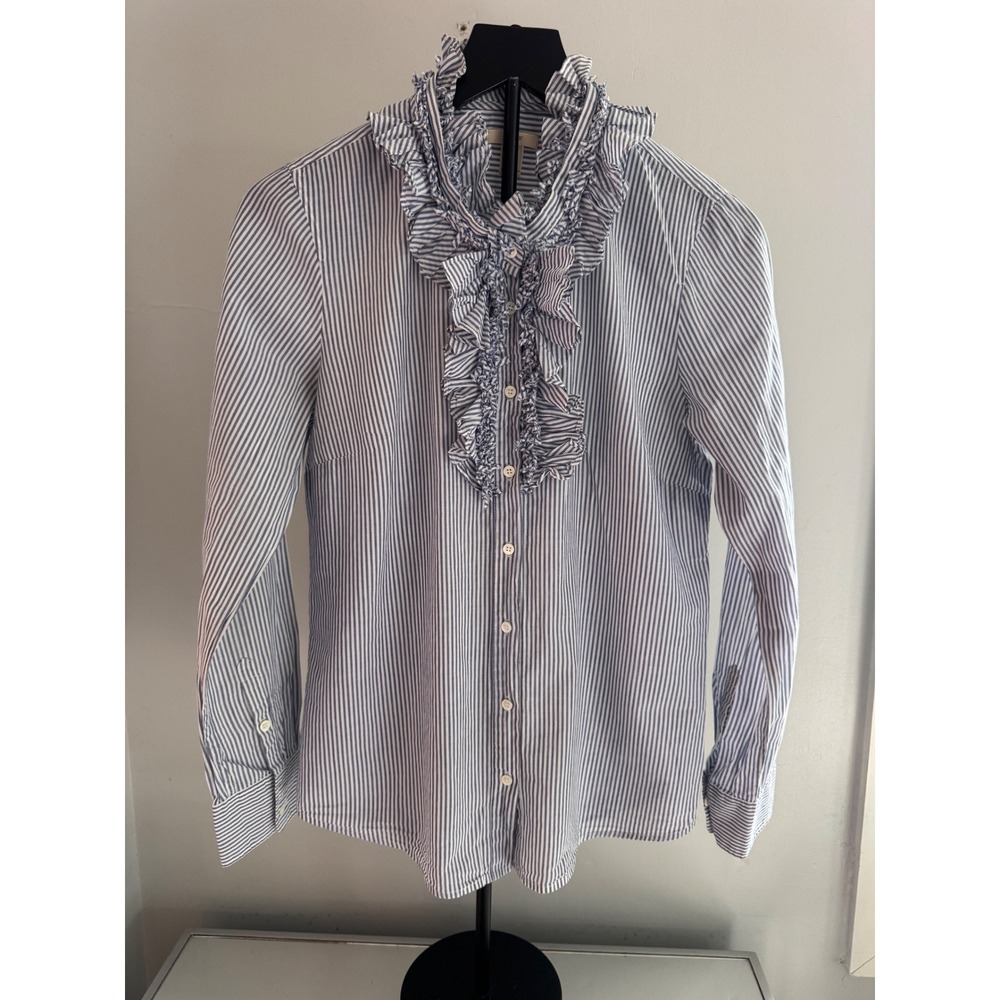 J.Crew Womens Blue White Striped Ruffle Collar Button Down Cotton Shirt Size 6